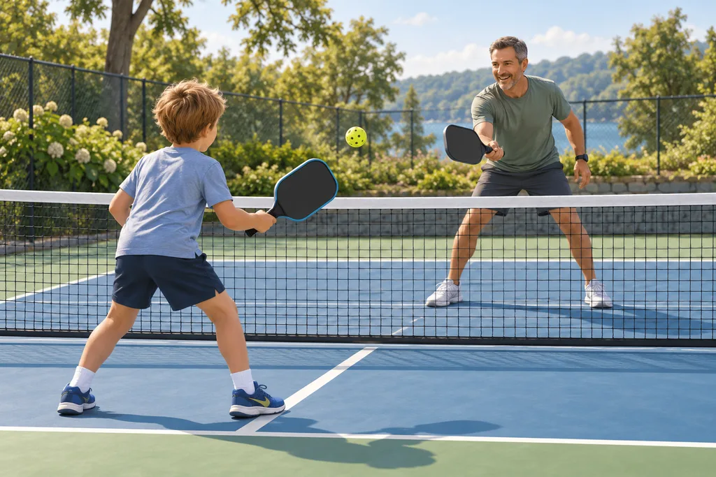 Un parent et un enfant échangent une balle perforée de part et d'autre d'un filet bas sur un terrain en extérieur.