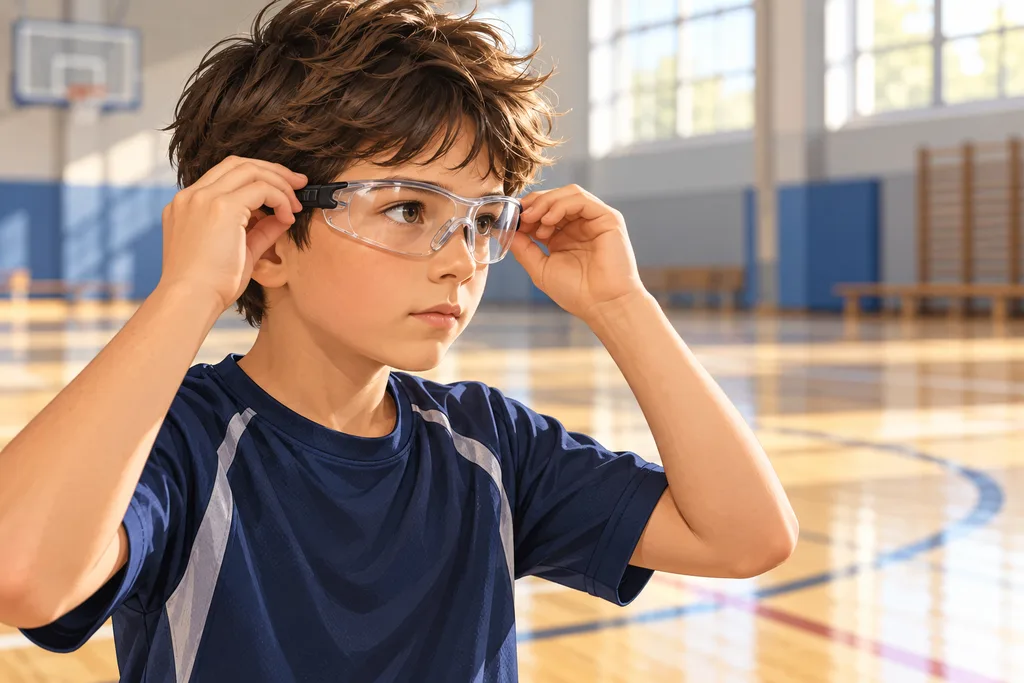 Un enfant ajuste des lunettes de protection sportives avant d'entrer sur le terrain.