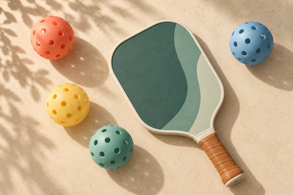 Une petite raquette rigide et une balle perforée posées sur une table à côté d'une poignée de balles de différentes teintes.
