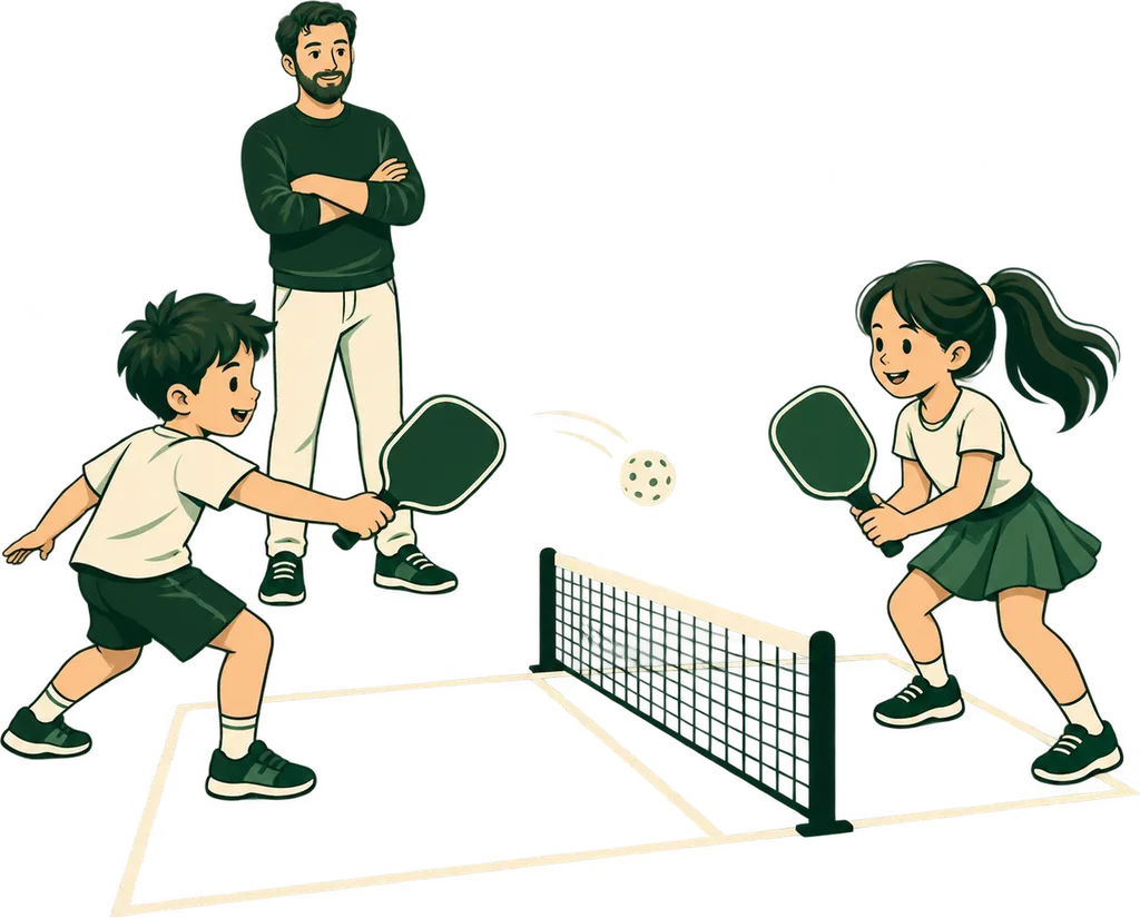 Deux enfants jouent au pickleball sur un terrain tracé dans une cour d'école, sous le regard d'un adulte, avec des raquettes pleines et une balle perforée.